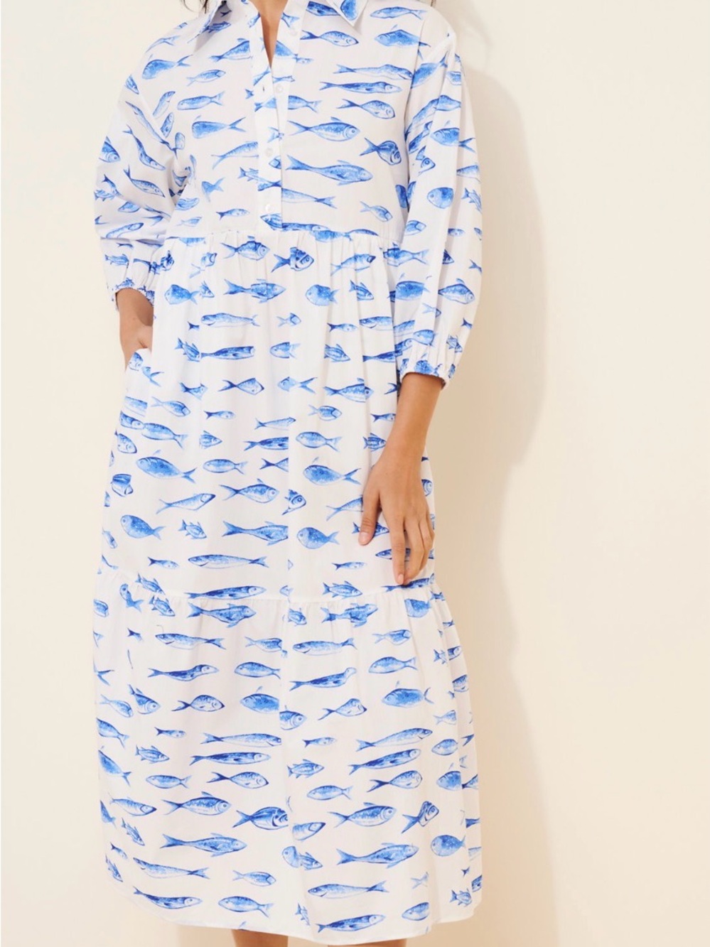 Maeve Bettina White & Blue Fish-Print Tiered Shirt Dress - Picture 4 of 13